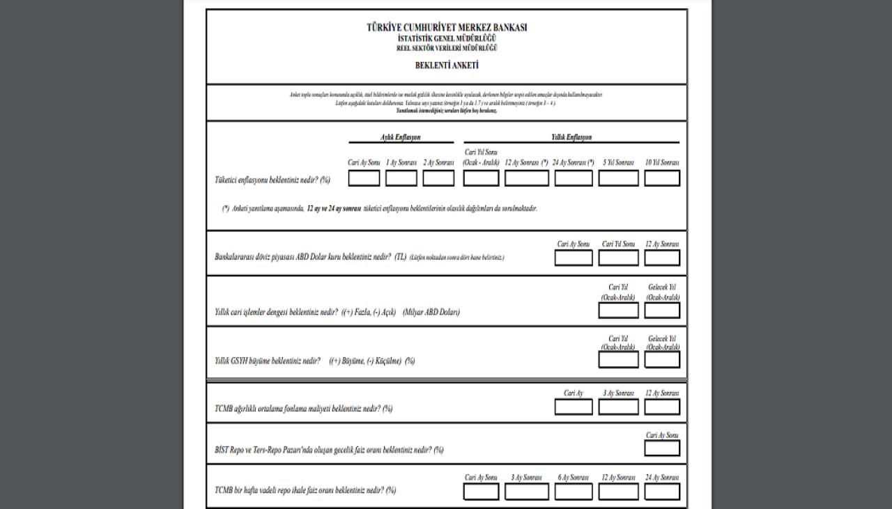 TCMB Beklenti Anketi Soruları ve Detayı